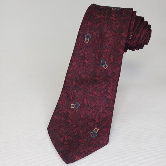 3.75" X 56" Vintage Yves Saint Laurent Burgundy Geometric Abstract Silk NeckTie - Picture 1 of 7